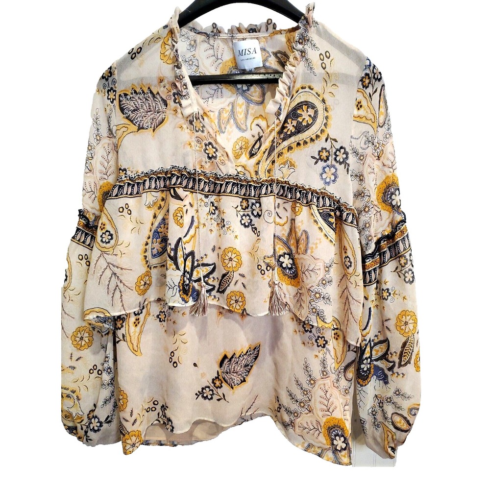 MISA Los Angeles Top Sz M Floral Tassle Tie Blouse Crop USA